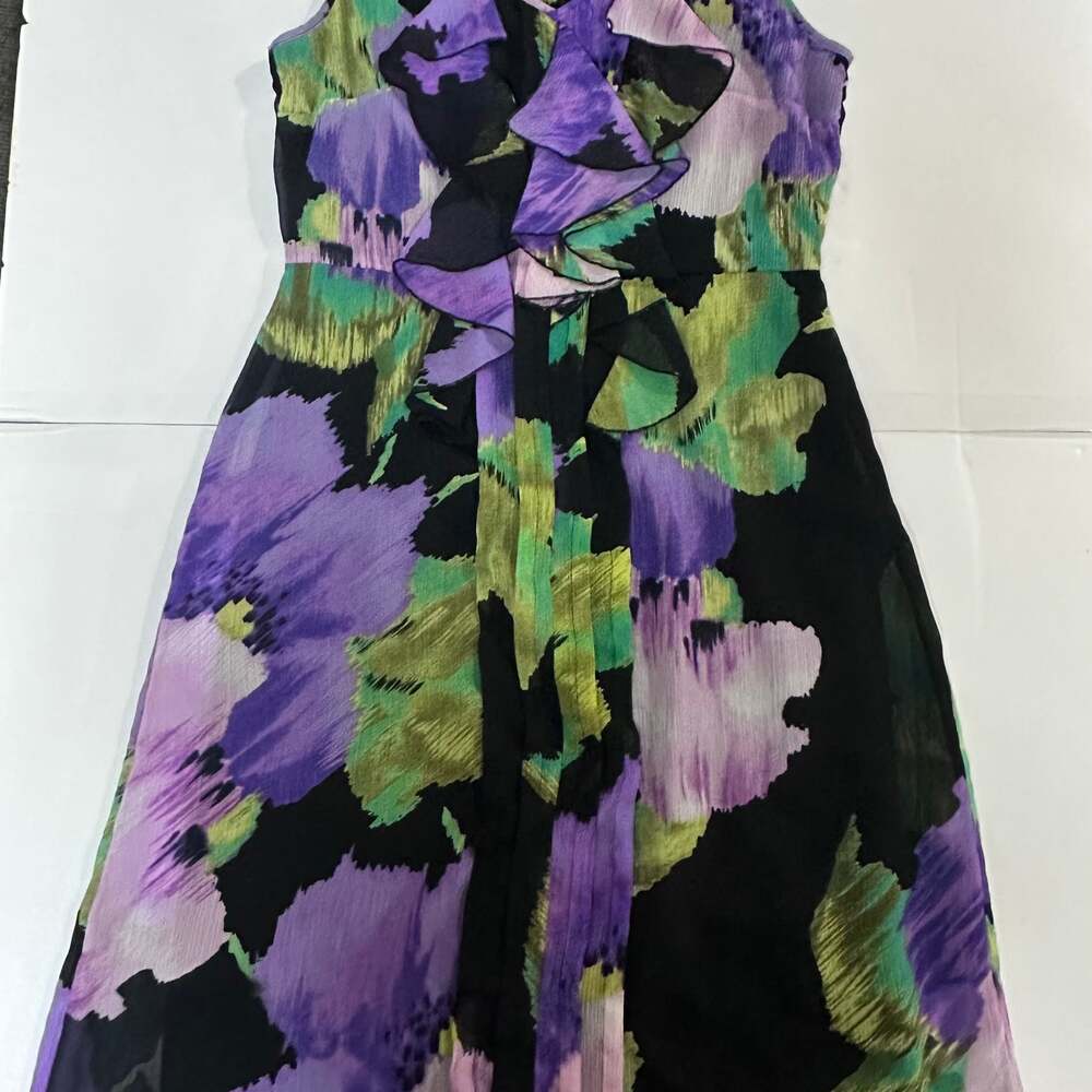 AGB Petite Abstract Ruffle Dress 8P Purple Green